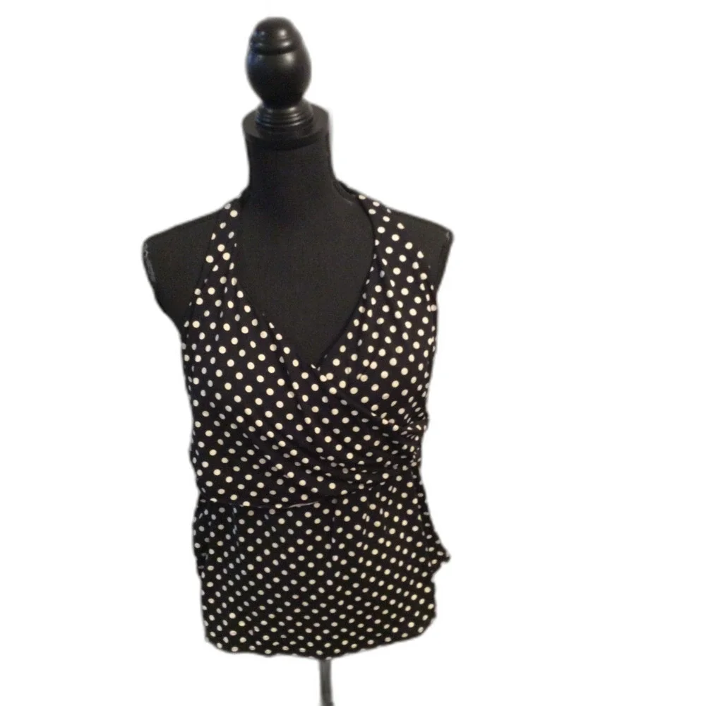Land's End Black White Polka Dot Swim Top Size 14 Womens